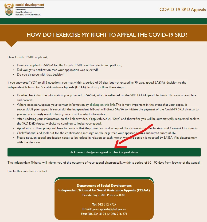 SASSA SRD Appeal Home Page